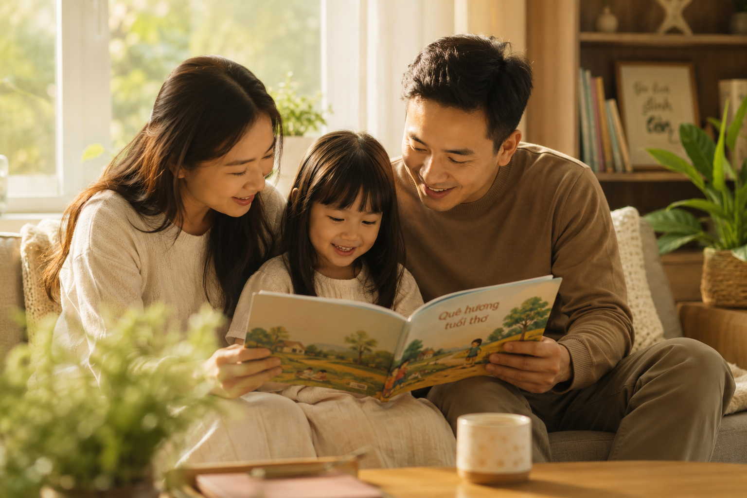 Ba mẹ và con đọc sách tiếng Việt cùng nhau trong phòng khách ấm áp với ánh sáng tự nhiên